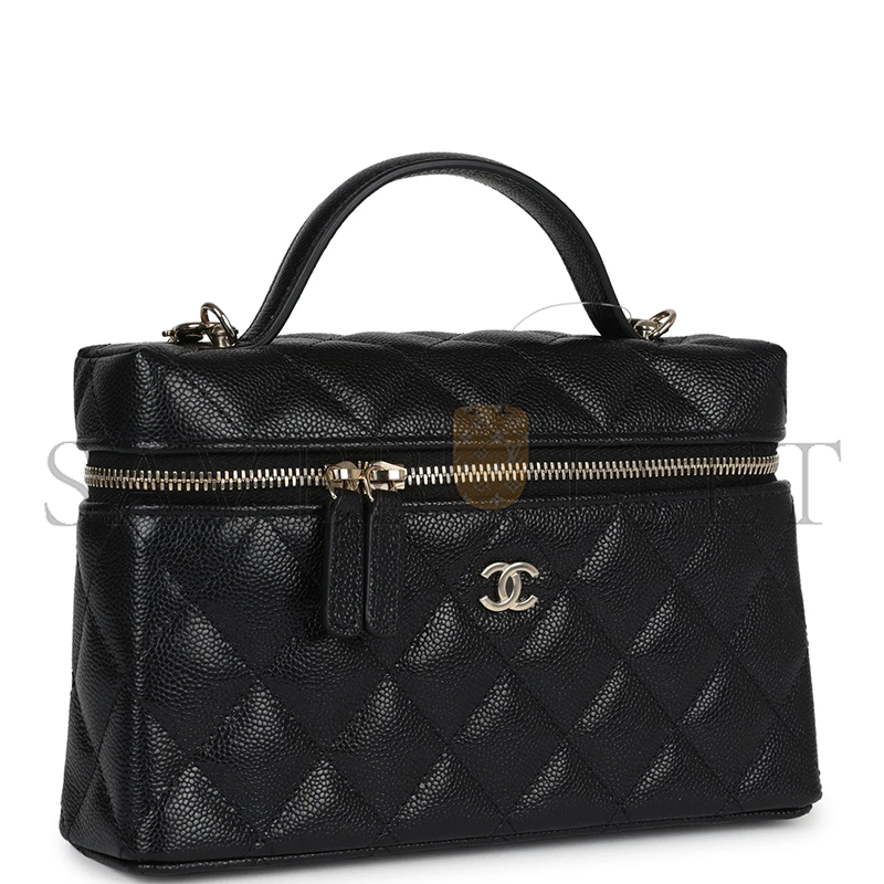 Ch*el cc top handle long vanity case with chain black shiny caviar light gold hardware 1109942 (19.5*17*5cm)